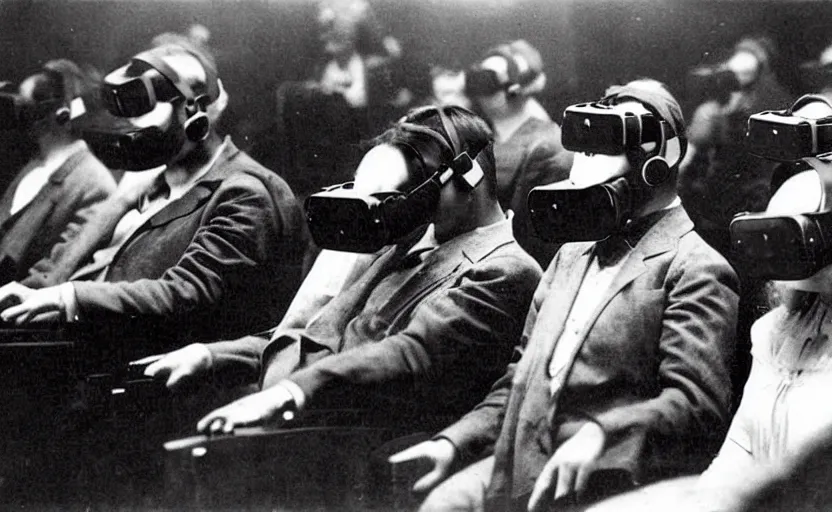 Image similar to 1 9 0 0 s photo of people wearing virtual reality headsets vr in a movie theater masterpiece