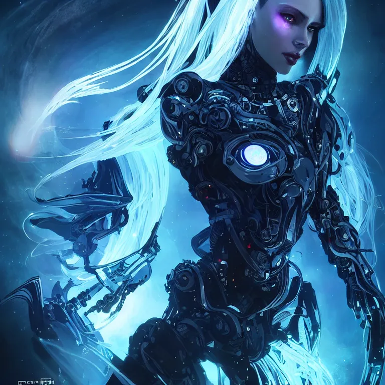 Image similar to beautiful cinematic fantasy poster, a beautiful cyberpunk cyborg female with brilliant silver flowing hair, beautiful blue glowing galaxy eyes fighting a tall black metallic mech with glowing red eyes, wideshot ultrawide angle epic scale, hybrid from The Elden Ring and art direction by Darius Zawadzki ;by artgerm; wayne reynolds art station; cinematic quality character render; low angle; ultra high quality model; production quality cinema model;