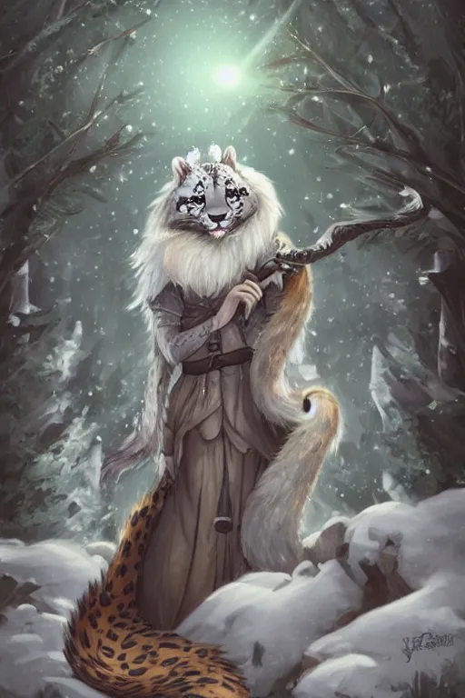 Image similar to a pretty medieval anthropomorphic snow leopard with a fluffy tail in the forest, comic art, trending on furaffinity, cartoon, kawaii, backlighting, furry art!!!, radiant light, bokeh, trending on artstation, digital art