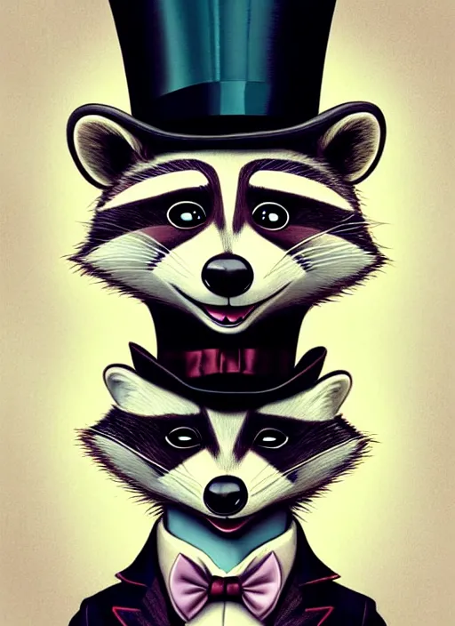Image similar to an anthropomorphic raccoon in a fancy suit and a top hat, pixar style by tristan eaton, artgerm, tom bagshaw
