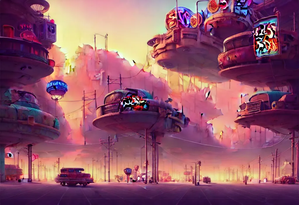 Image similar to A beautiful illustration of dystopian post-apocalyptic Las Vegas, trending on artstation, WLOP, cgsociety by Gediminas Pranckevicius, trending on cgsociety, Lisa Frank, bokeh, fractal Thunder glow by dan mumford