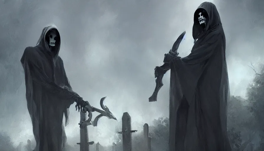 Image similar to A beautiful painting of the grim reaper in a graveyard by greg rutkowski and Kalin Popov , Trending on artstation HD.