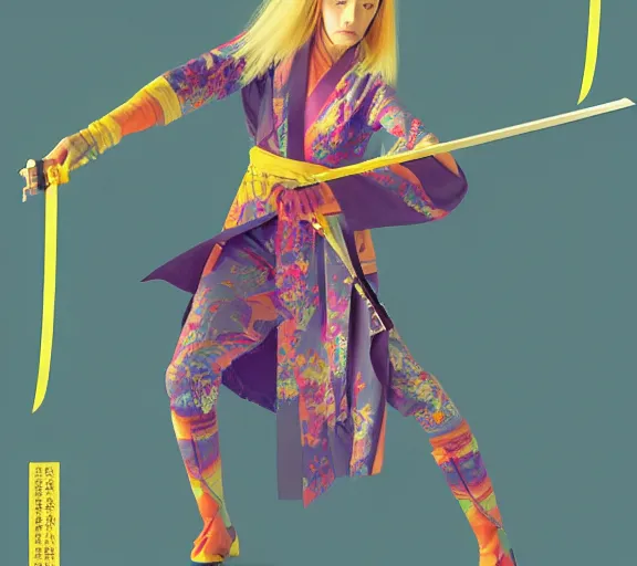 Image similar to breathtaking detailed pattern pastel colors, cinematic action scene from kill bill, with uma thurman in yellow kimono, swinging katana sword by hsiao - ron cheng and tarantino, exquisite detail, enhanced eye detail