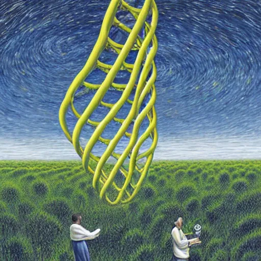 Image similar to in a field, two scientists in lab coats encounter a monster shaped like the DNA double helix, stormy weather, by Rob Gonsalves