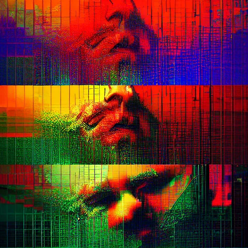 Image similar to glitched, artstation, colorful, pixel sorting