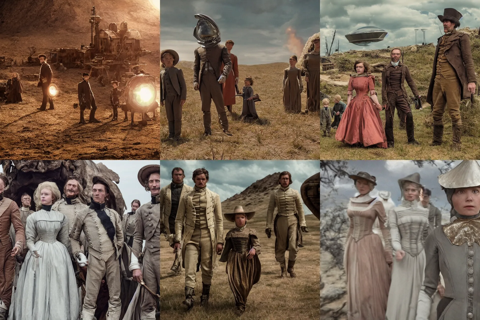 Prompt: sharp, 70mm still from a sci fi blockbuster movie made in 2022, set in 1860, of a family leaving a spaceship, that has just landed on an alien planet, wearing 1850s era clothes, good lighting, 4k, HD, in focus faces, oscar winner, 35mm macro lens