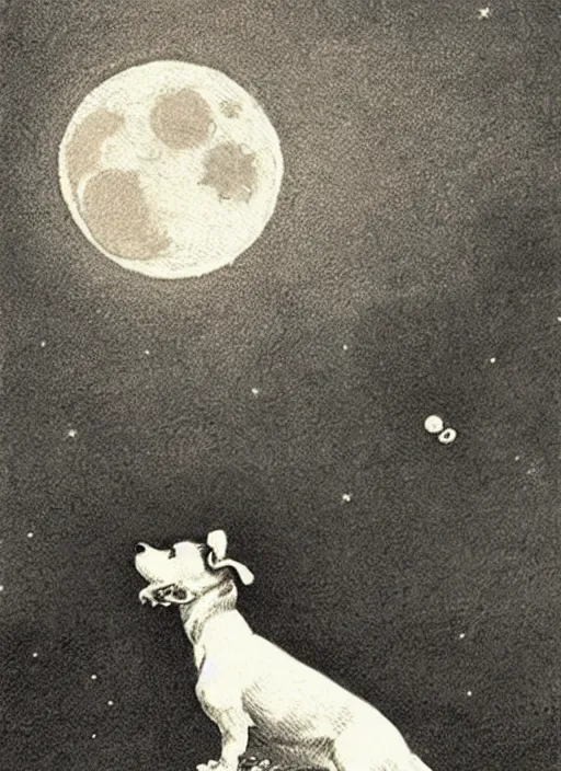 Prompt: candid portrait of jack russel dog howling at the moon, from behind, night sky, highly detailed, illustrated by peggy fortnum and beatrix potter and sir john tenniel