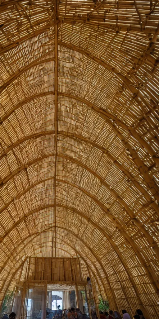 Prompt: inside small pavilion made of bamboo. complex curved vaulting structure. a large crowd at a party. bundled columns branching into roof, architectural photography., 4 k, 8 k. volumetric lighting.