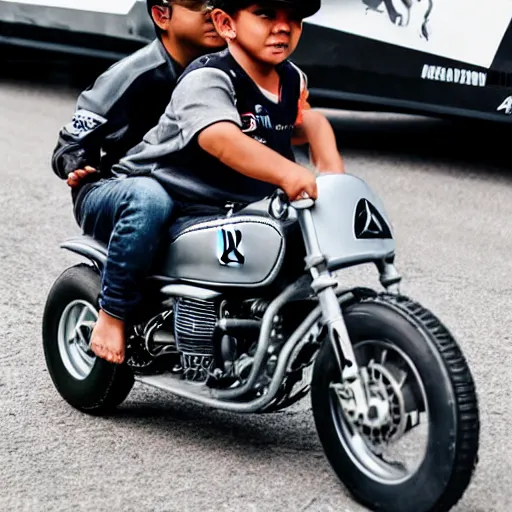 Prompt: Gray American Bully Dog riding a motorcycle wearing Lewis Hamilton Mercedes Petronas merchandise