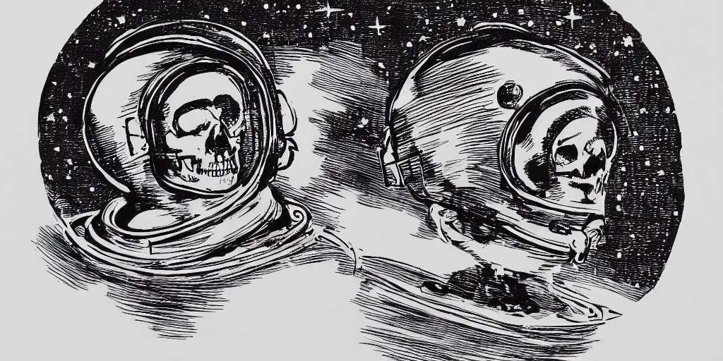 Prompt: etch portrait of a skull wearing a space helmet, in the style of goya etchings, scifi, big clouds visible in the background, stars in the sky, high contrast, deep black tones