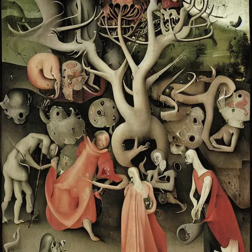 Image similar to vin the garden of beasts, ery detailed and colorful, by Hieronymous Bosch, by M.C. Escher, by Caravaggio, beautiful, eerie, surreal, psychedelic