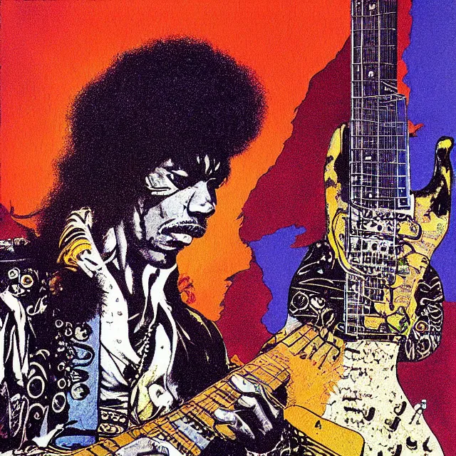 Image similar to a portrait of jimi hendrix with voodoo electronics by moebius