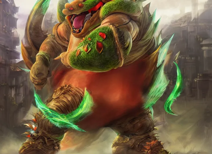 Image similar to detailed concept art of a huge giant bowser by cheng yi and luolin, aartstation, artstationhd, detailed scales, spiky and red hair tuft green scales. bowser, bowser nintendo, koopa, ~ bowser # bowser ( ( mario ) ) bcy. net, realistic. cheng yi, fire breathing. bowser