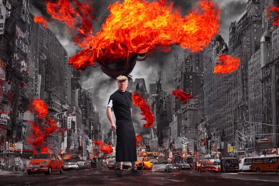 Prompt: giant Gordon Ramsay destroys New York, eldritch horror, 4k digital render