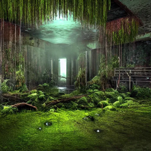 Prompt: photorealistic hyperdetailed color image of the inside of a rundown highrise building with moss overgrowth and trees and with a waterfall bursting in the centre of it