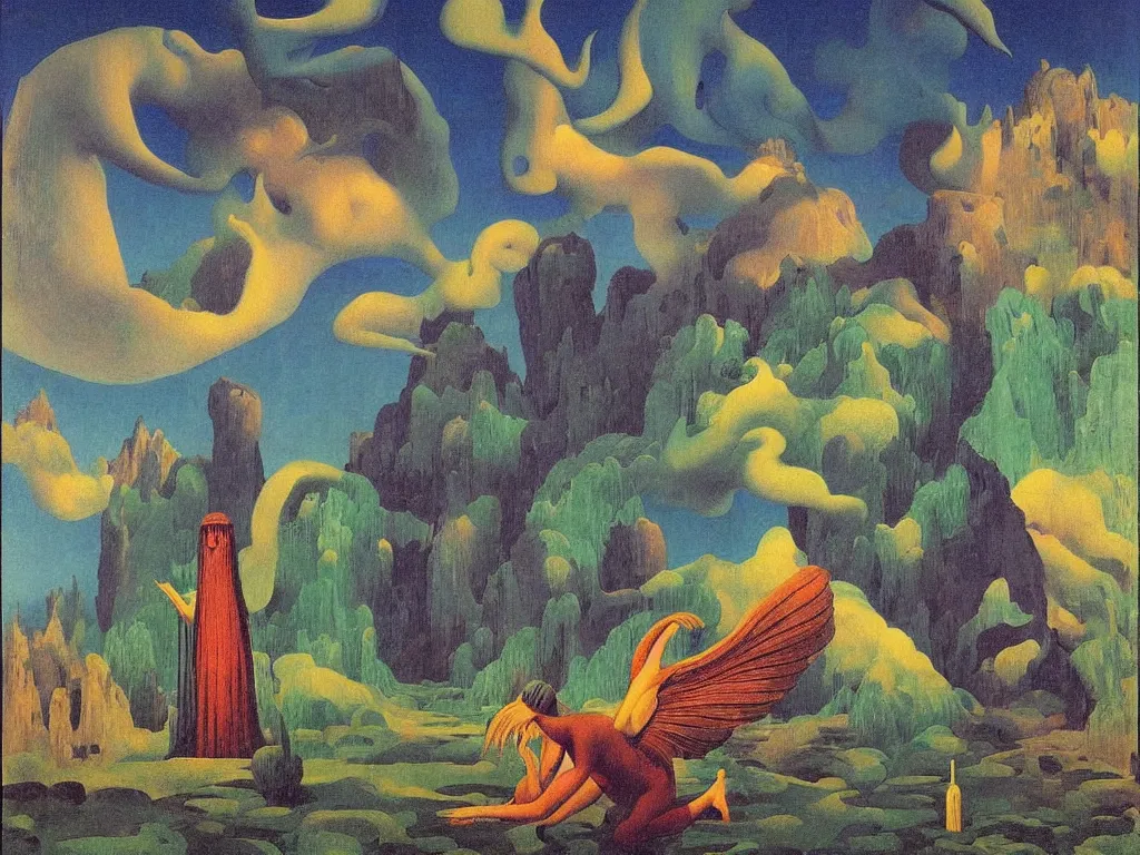 Prompt: The realm of the Paradise bird. Aurora night, sweaty mountain, the antler people, African mask, acid rains. The sacred nipple, Fata morgana above the oasis. Trembling waters. Painting by Rene Magritte, Jean Delville, Max Ernst, Maria Sybilla Merian