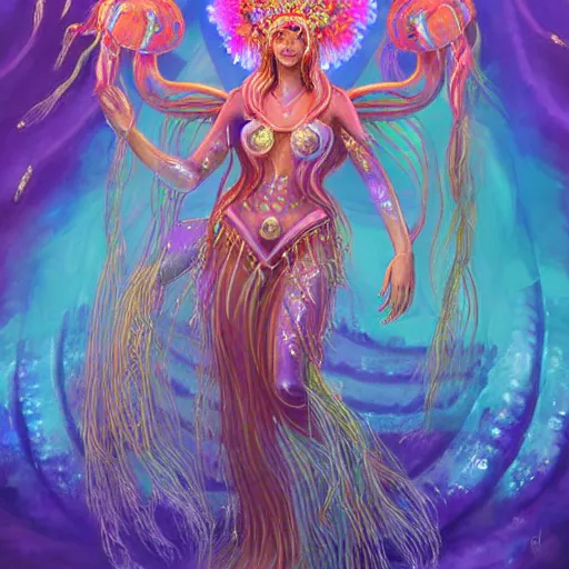 Prompt: iridescent painting of the sekhmet of the jellyfish goddess, jellyfish shrine maiden, jellyfish temple, jellyfish priestess, jellyfish hierophant, jellyfish protectress, undersea temple, underwater shrine, neon jellyfish, coral temple, ocean ruins, art by jarold Sng, by artgerm, by Eddie Mendoza, by Peter mohrbacher, by tooth wu, by trending on artstation, cgsociety unreal engine, octane render, cinematic light, high details, iridescent colors, macro, cyan and magenta, rainbow colors, cinematic top lighting, insanely detailed and intricate, Charlie Bowater, golden ratio, symmetric, elegant, ornate, luxury, elite, matte painting, cinematic, trending on cgsociety, 8k, high resolution, rich deep colors, by Kyuyong Eom