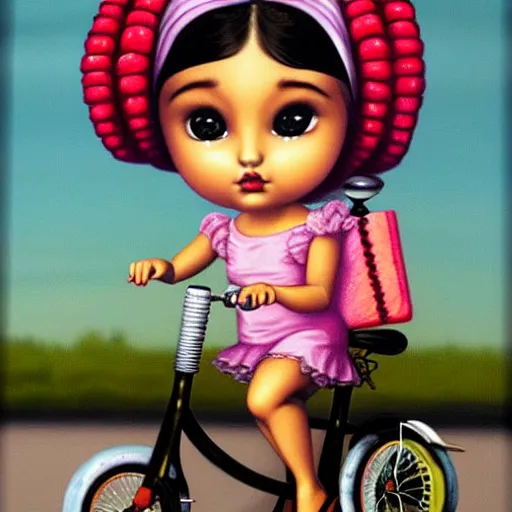 Image similar to ariana grande on a tricycle, lowbrow painting by mark ryden