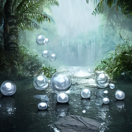 Image similar to ghostly bubbles rising from a jungle river, moody, dark ambience, hyperrealistic, artstation, cgsociety