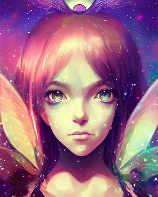 Prompt: a detailed digital art of an attractive!!!! girl with psychedelic! fairy wings sitting under the night sky and holding!! a crystal!! containing all of reality and galaxies, by greg rutkowski artgerm ilya kuvshinov. anime! dramatic lighting, cinematic angle, heavy contrast