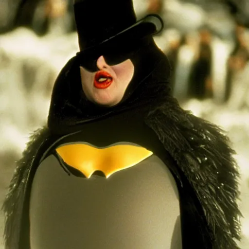Image similar to Adele as the Penguin man in Batman Returns 1992, still, high quality