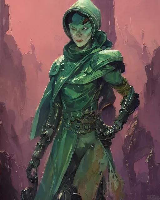 Prompt: character design, cyborg spellcaster, green robes, pen and ink, oil painting, colorful, style by ian mcque, craig mullins, emil melmoth, + in style of charlie bowater, peter mohrbacher, marc simonetti, trending on artstation cgsociety, cinematic 8 k