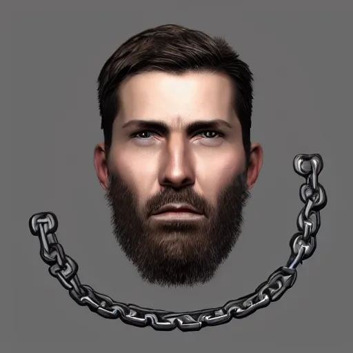 Prompt: realistic head portrait, 30 year old man, darker taint :: athletic, rough, angered :: short black hair :: chain mail :: high detail, digital art, RPG, concept art, illustration