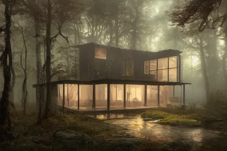 Image similar to a 1 9 5 0 s luminous house in the middle of a dark, gloomy, misty forest enveloped in moss and bark, illustrated by greg rutkowski and gaston bussiere, trending on artstation, intricately defined, complexly detailed, cgsociety contest winner, zbrush, mannerism, 4 k, grim lighting, misty atmosphere