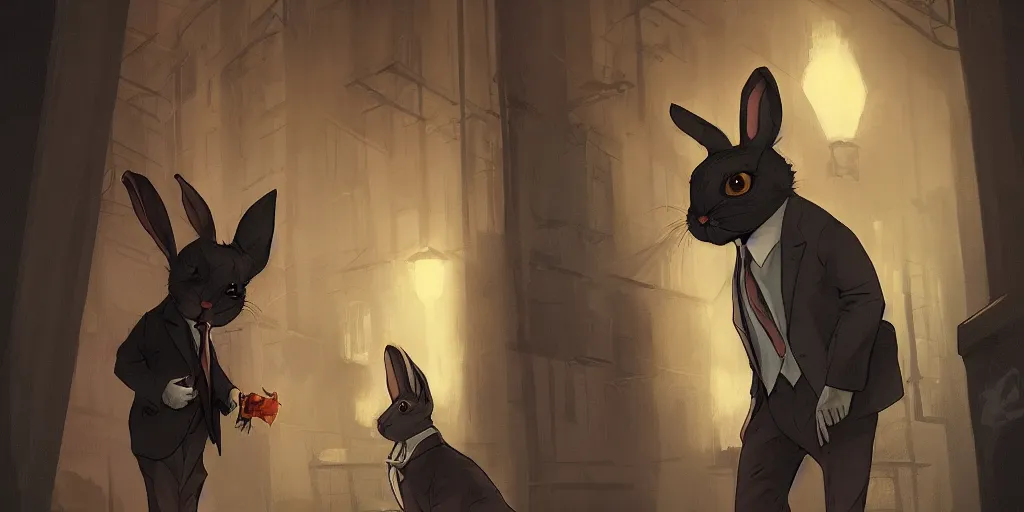 Image similar to rabbit wearing a tie is talking to a femme fatale cat in a dark alley, warm color palette, night time, dramatic lighting, noir film, character sheet, fine details, high contrast, blacksad, kim jung gi, greg rutkowski, trending on artstation, 8 k, front view, back view, ultra wide angle