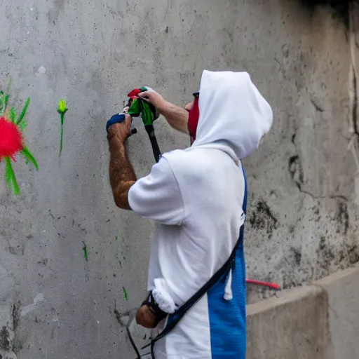 Image similar to guy with white hoodie spray painting flowers in a wall in genova