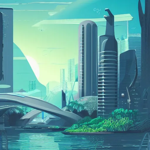 Image similar to beautiful happy picturesque charming futuristic sci - fi city in harmony with nature. water and plants. beautiful light. grainy and rough. soft colour scheme. beautiful artistic vector graphic design by lurid. ( 2 0 2 2 )