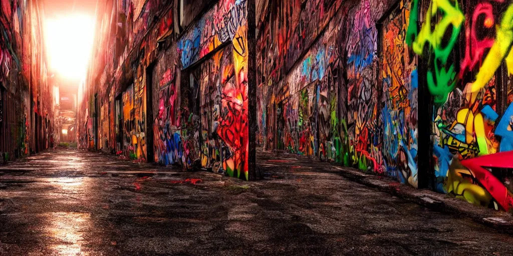 Prompt: photo realistic!! a graffiti filled alley at sunset after raining, dramatic lighting, artstation, unreal engine