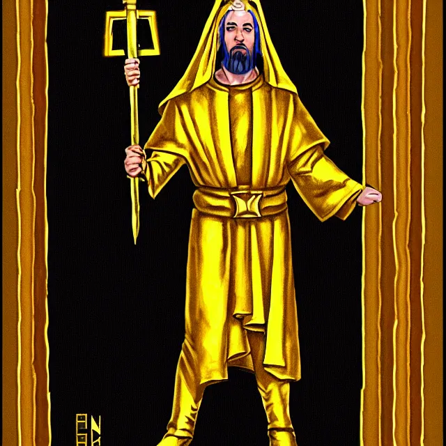 Prompt: a golden priest with a power and a scepter in his hands