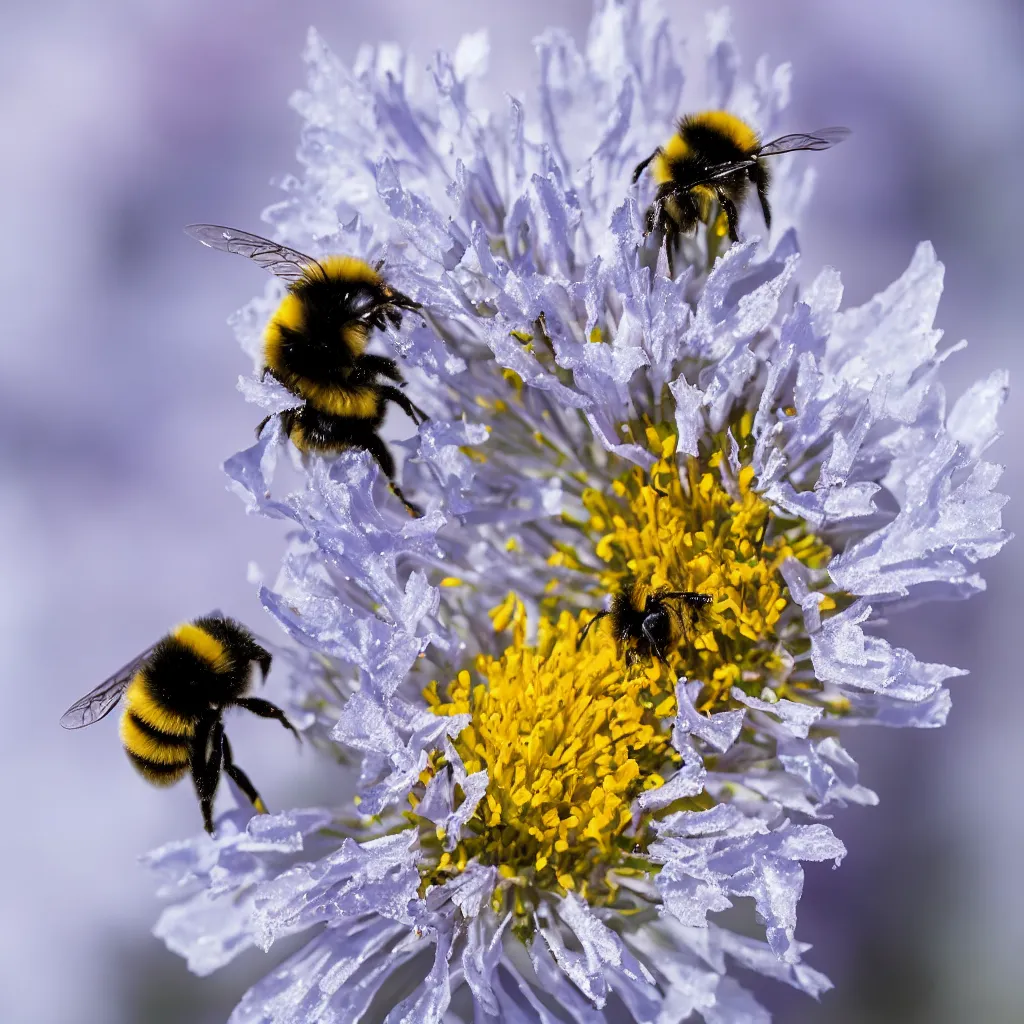 Prompt: a nature photograph macro shot of a bumblebee pollinating a partly frozen flower. snow and ice in the background