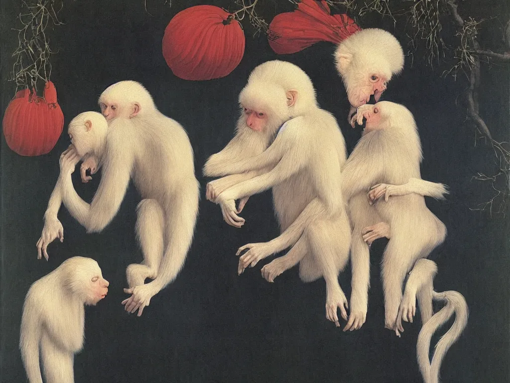 Image similar to Portrait of albino mystic with blue eyes, with exotic beautiful Japanese macaque. Painting by Jan van Eyck, Audubon, Rene Magritte, Agnes Pelton, Max Ernst, Walton Ford