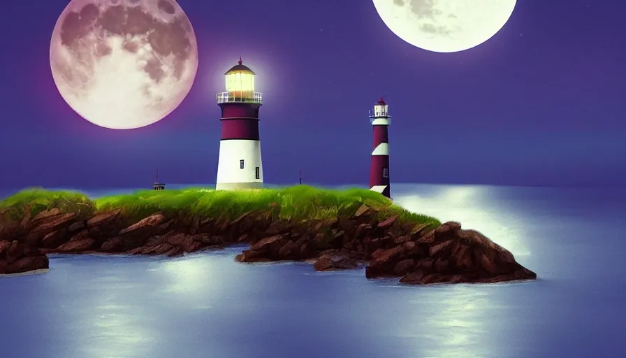 Prompt: a large full moon over a lighthouse out at sea, digital art, highly detailed, realistic, bright colors, 8 k