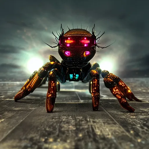 Prompt: cyborg robot, emissive lights, crab, jumping spider, realistic, futuristic, intricate, candid shot, apocalyptic