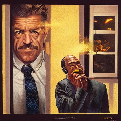 Image similar to Mr. House, realistic, highly detailed face, looks at the nuclear explosion, from the window of the Lucky 38 Casino, man smokes a cigar, ! holding in his Hand !, arm, cigarette advertising, hyperdetailed, artstation trending, ultra HD, artstation, photorealism, ultrarealistic, retro, 45mm, elegant,