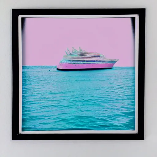 Image similar to a pastel colour high fidelity wide angle Polaroid art photo from a holiday album at a seaside of a large luxury pink ship in the sea surrounded by abstract inflatables parachute art, all objects made of transparent iridescent Perspex and metallic silver, a grid of sun beds iridescence, nostalgic