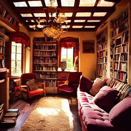 Image similar to cosy house interior with a lot of book everywhere, beautiful lighting, weird atmosphere