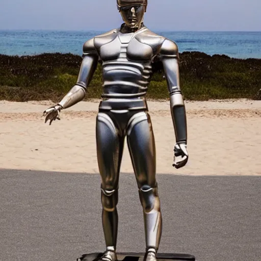 Image similar to a realistic detailed photo of a guy who is an attractive humanoid who is half robot and half humanoid, who is a male android, football player christian mccaffrey, shiny skin, posing like a statue, blank stare, by the beach, on display