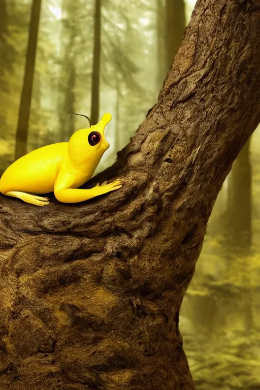 Prompt: A brilliant yellow banana slug with deer antlers, poised magnificently on a tree stump deep in a redwood forest, magical, deep woods, octane render, 8k,realism, natural lighting, digital art, fantasy creature, realistic Trending on artstation, artstationHD, artstationHQ, 4k, 8k