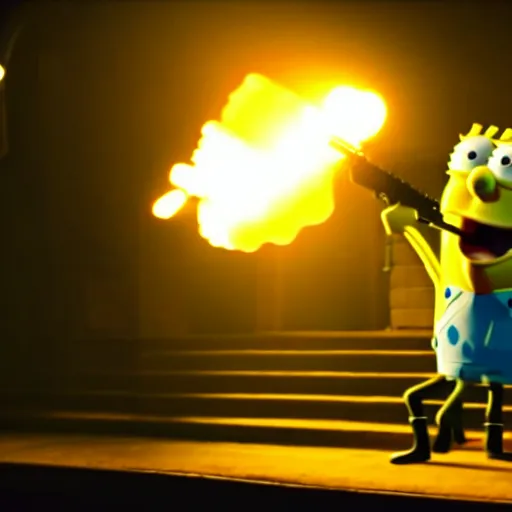 Prompt: high detail full body shot of spongebob squarepants shooting a machine gun with muzzle flash, cinematic framing, cinematic light, hard shadows, in the style of lone survivor,