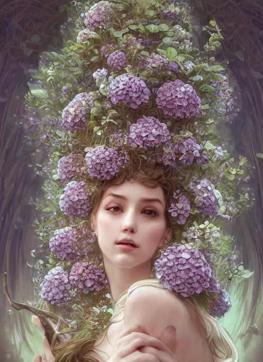 Image similar to a photographic portrait of a anthropomorphic hydrangea blossom goddess spirit, fantasy, wind blowing hair, intricate, elegant, highly detailed, digital painting, artstation, concept art, smooth, sharp focus, illustration, art by artgerm and h r giger and alphonse mucha