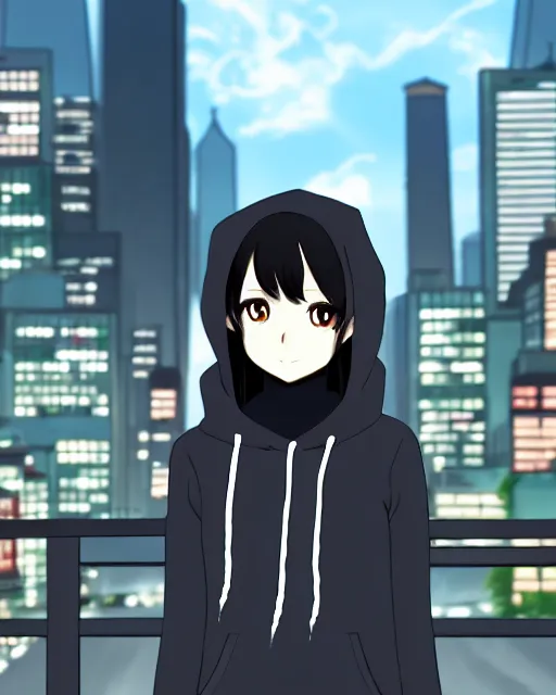 Image similar to black haired girl wearing hoodie, detailed city background, anime by shinkai makoto