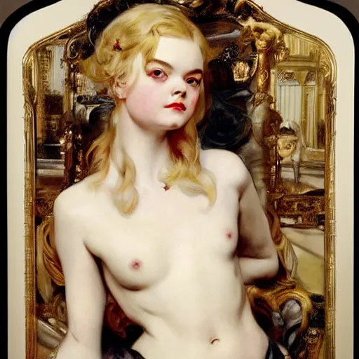 Image similar to elle fanning in prey picture by j. c. leyendecker and peter paul rubens, asymmetrical, dark vibes, realistic painting, organic painting, matte painting, geometric shapes, hard edges, graffiti, street art : 2 by j. c. leyendecker and peter paul rubens : 4