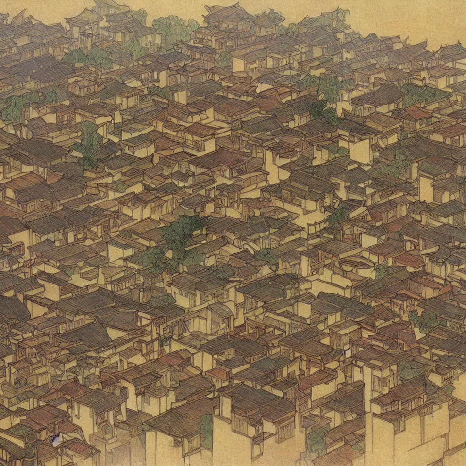 Image similar to a painting of abstract buildings like hongcun ancient village houses by alphonse mucha