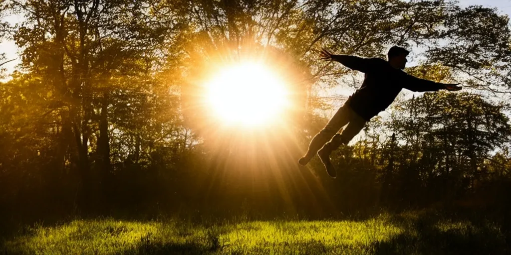 Prompt: a man is levitated by a sunbeam