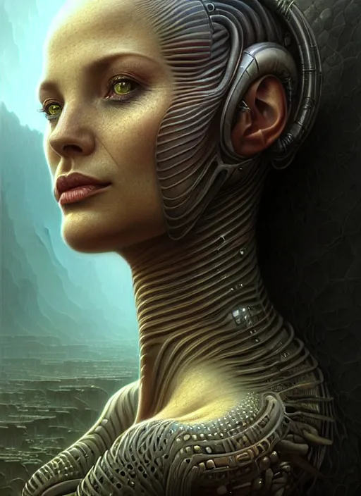 Image similar to closeup portrait shot of a alien female in a scenic dystopian environment, intricate, elegant, highly detailed, centered, digital painting, artstation, concept art, smooth, sharp focus, illustration, artgerm, tomasz alen kopera, peter mohrbacher, donato giancola, joseph christian leyendecker, wlop, boris vallejo