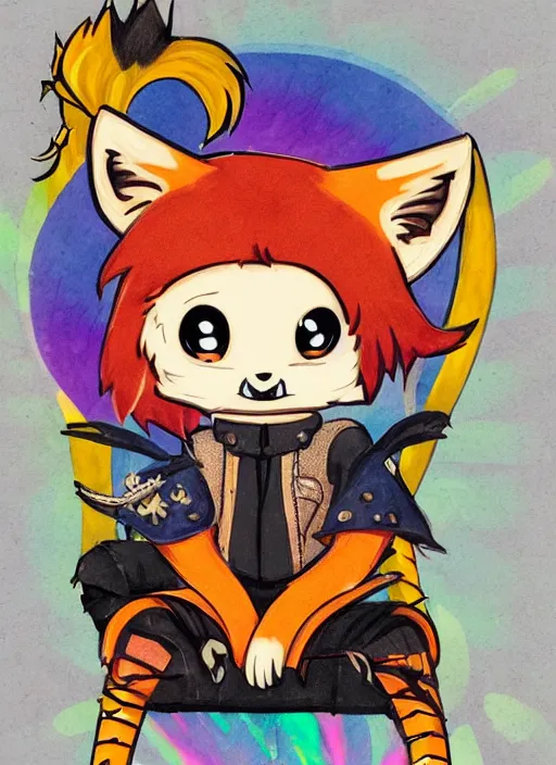 Image similar to A vintage painted illustration of an adorable chibi male rogue fox anime guy in the style of Lisa Frank Babs Tarr Hantine Hsu sitting in a couture leather and spike vest that has skulls on it